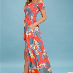 Coral Red Floral Print Off-the-Shoulder Dress
